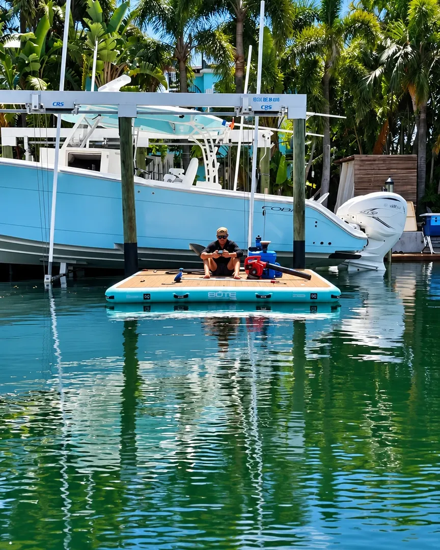 Jayden on a floating work dock beside a boat on its lift behind a canal home